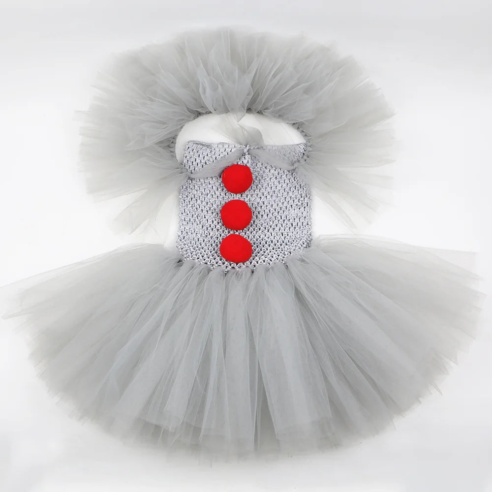 HJTT Creepy Clown Costume for Girls Halloween Tutu Dress Grey Red Scary Clown Outfit Kids Carnival Party Fancy Dress Up Clothes