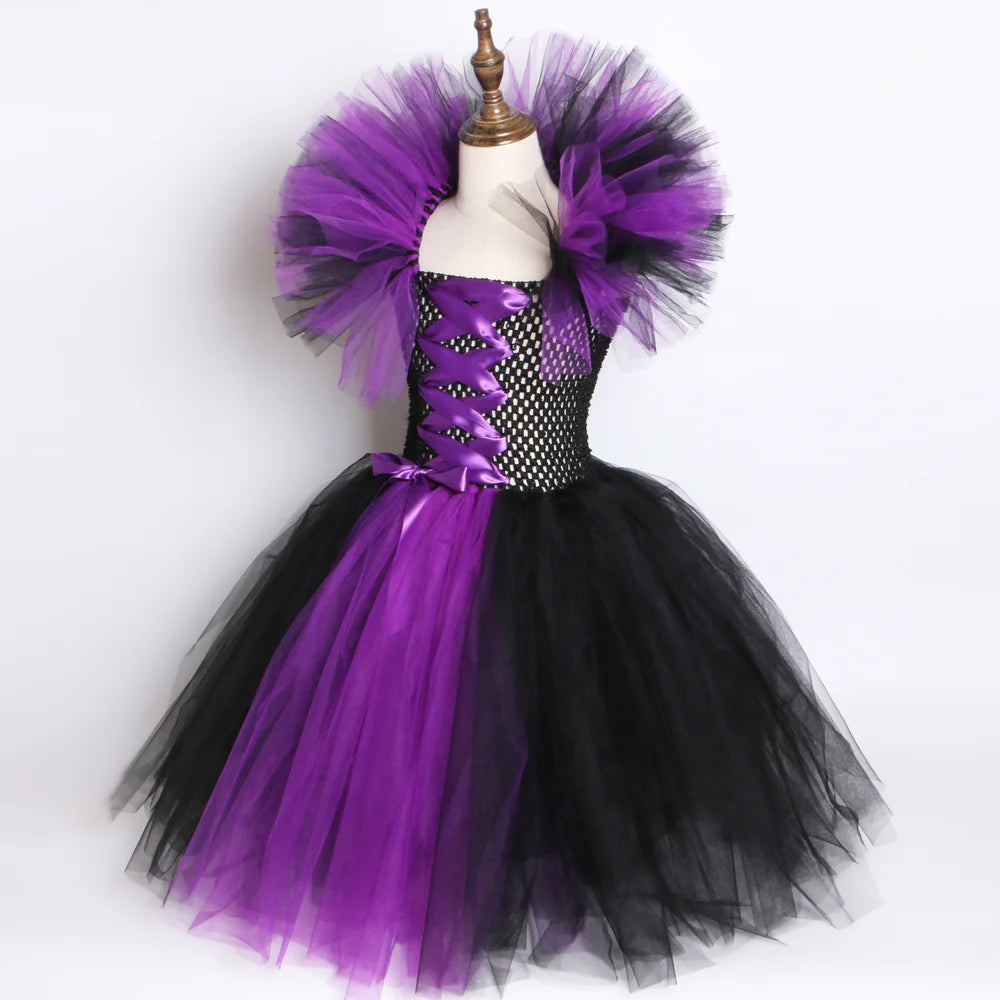 Halloween Dark Queen Costume for Kids Carnival Party Dress Up Outfit Purple Black Witch Costume for Girls Fancy Tulle Tutu Dress