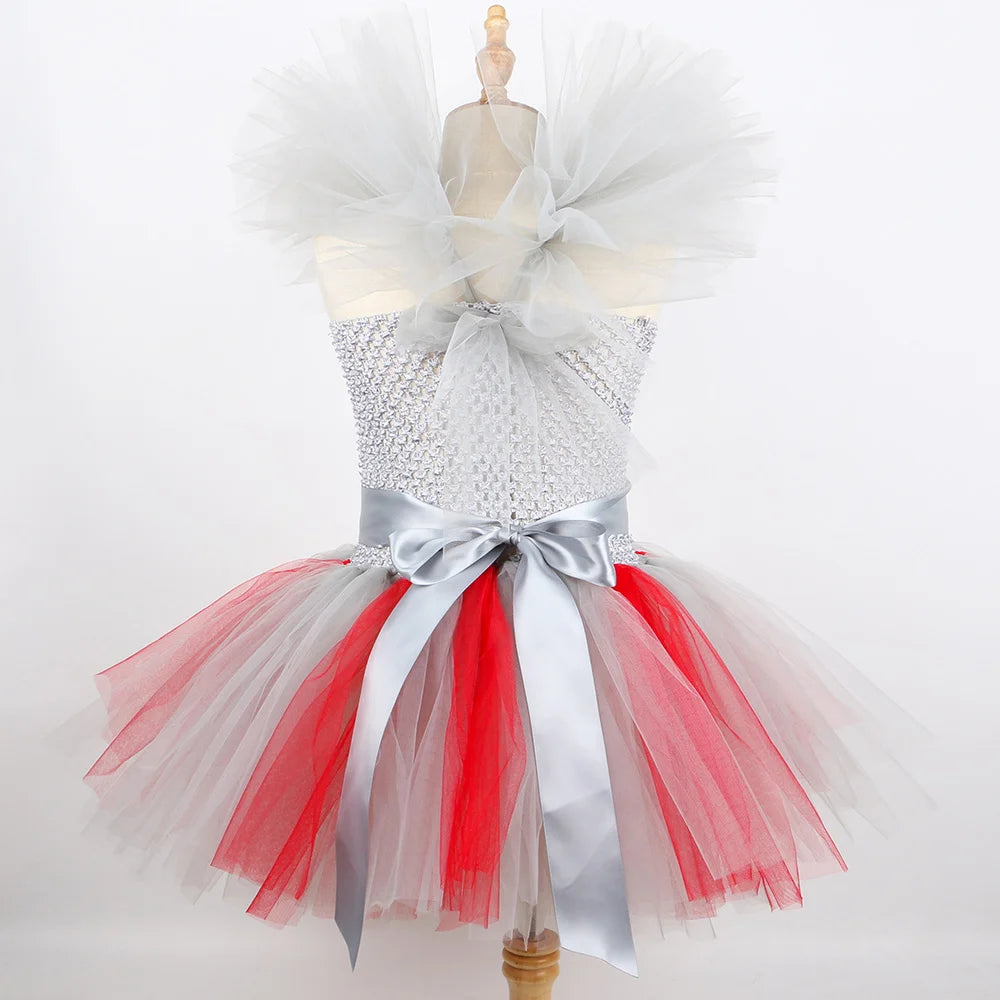 HJTT Creepy Clown Costume for Girls Halloween Tutu Dress Grey Red Scary Clown Outfit Kids Carnival Party Fancy Dress Up Clothes
