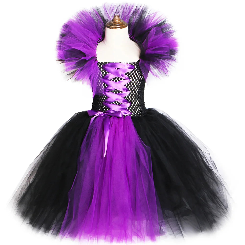 Halloween Dark Queen Costume for Kids Carnival Party Dress Up Outfit Purple Black Witch Costume for Girls Fancy Tulle Tutu Dress