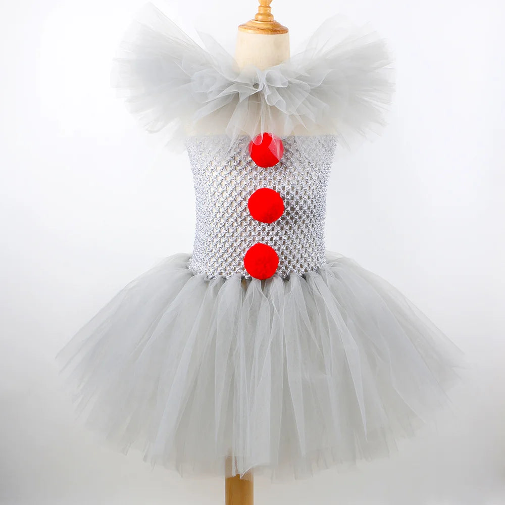 HJTT Creepy Clown Costume for Girls Halloween Tutu Dress Grey Red Scary Clown Outfit Kids Carnival Party Fancy Dress Up Clothes