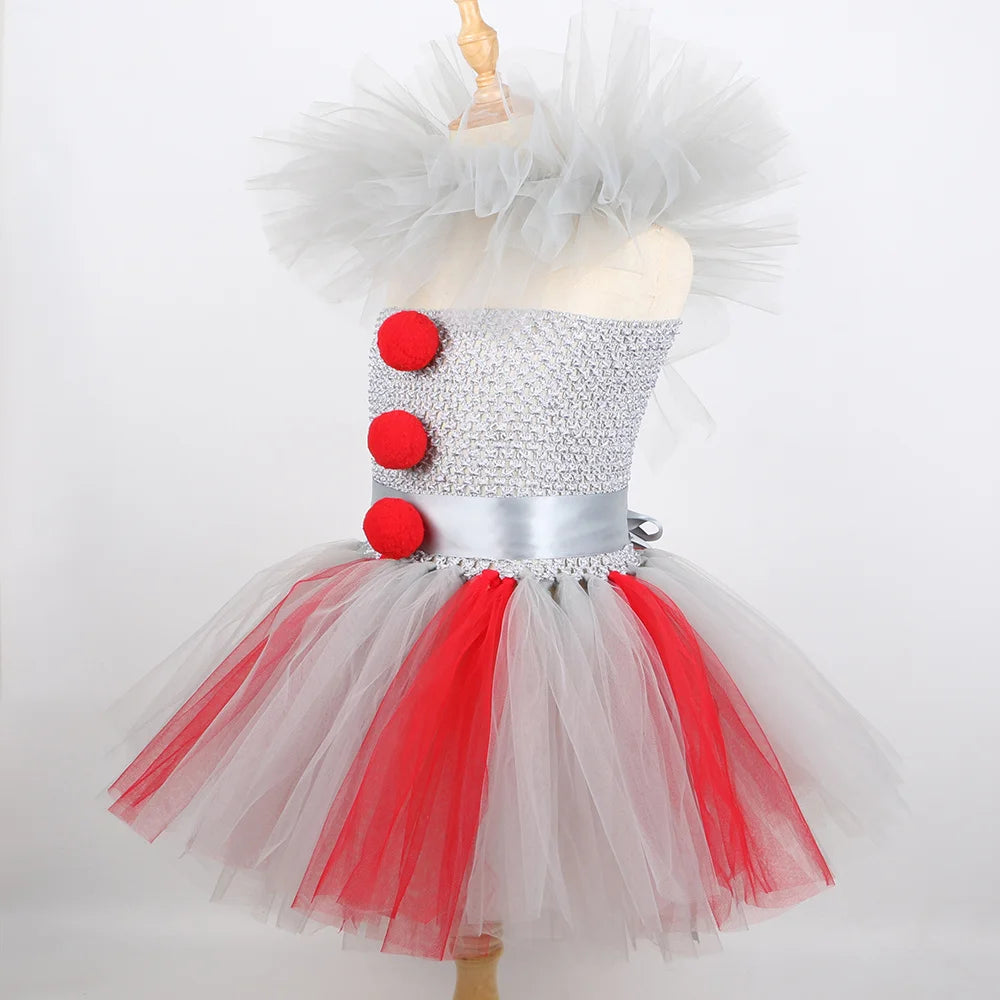 HJTT Creepy Clown Costume for Girls Halloween Tutu Dress Grey Red Scary Clown Outfit Kids Carnival Party Fancy Dress Up Clothes