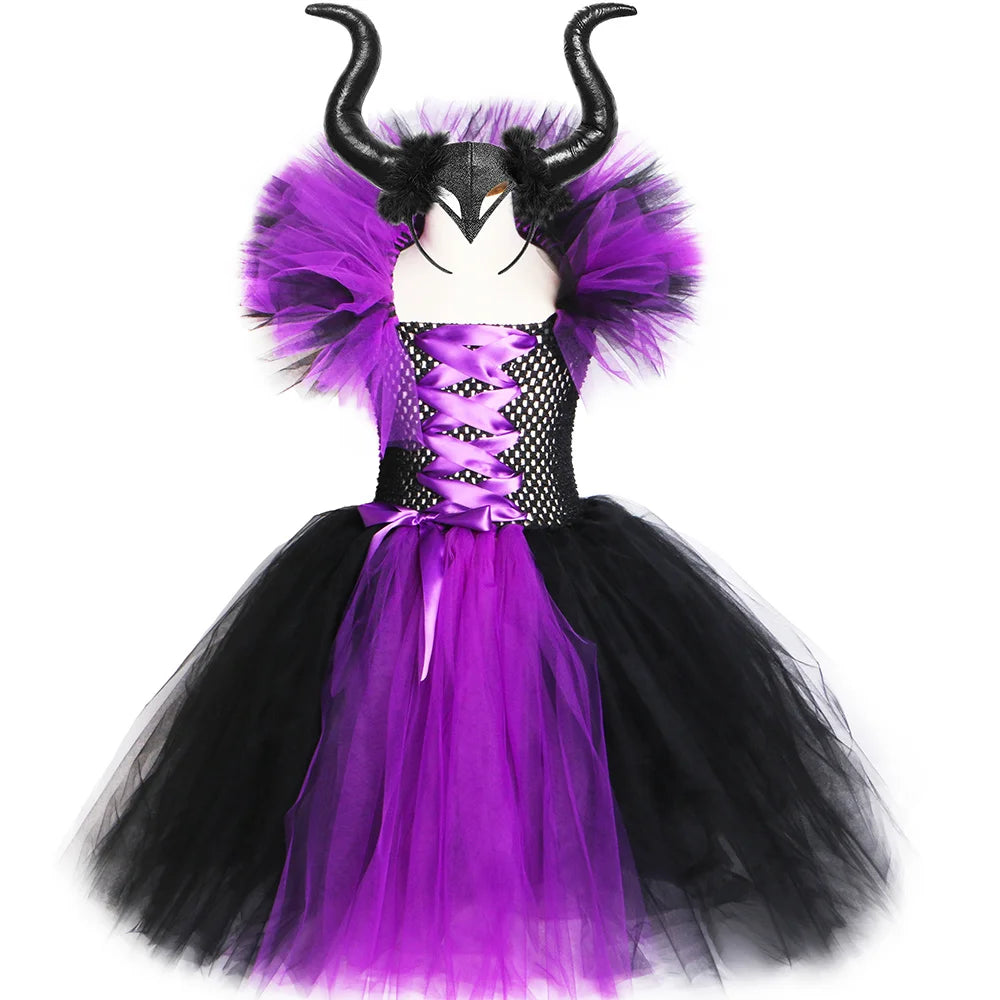 Halloween Dark Queen Costume for Kids Carnival Party Dress Up Outfit Purple Black Witch Costume for Girls Fancy Tulle Tutu Dress
