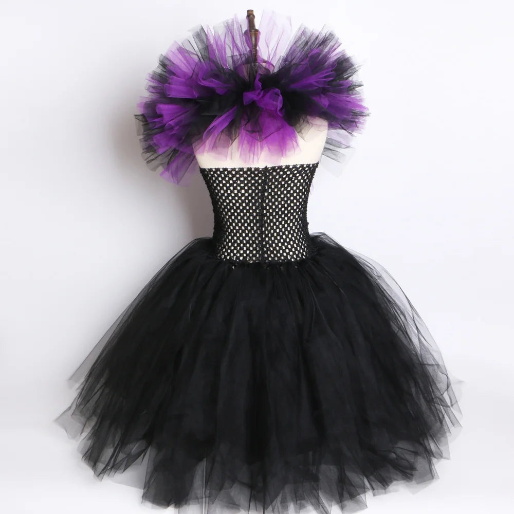Halloween Dark Queen Costume for Kids Carnival Party Dress Up Outfit Purple Black Witch Costume for Girls Fancy Tulle Tutu Dress