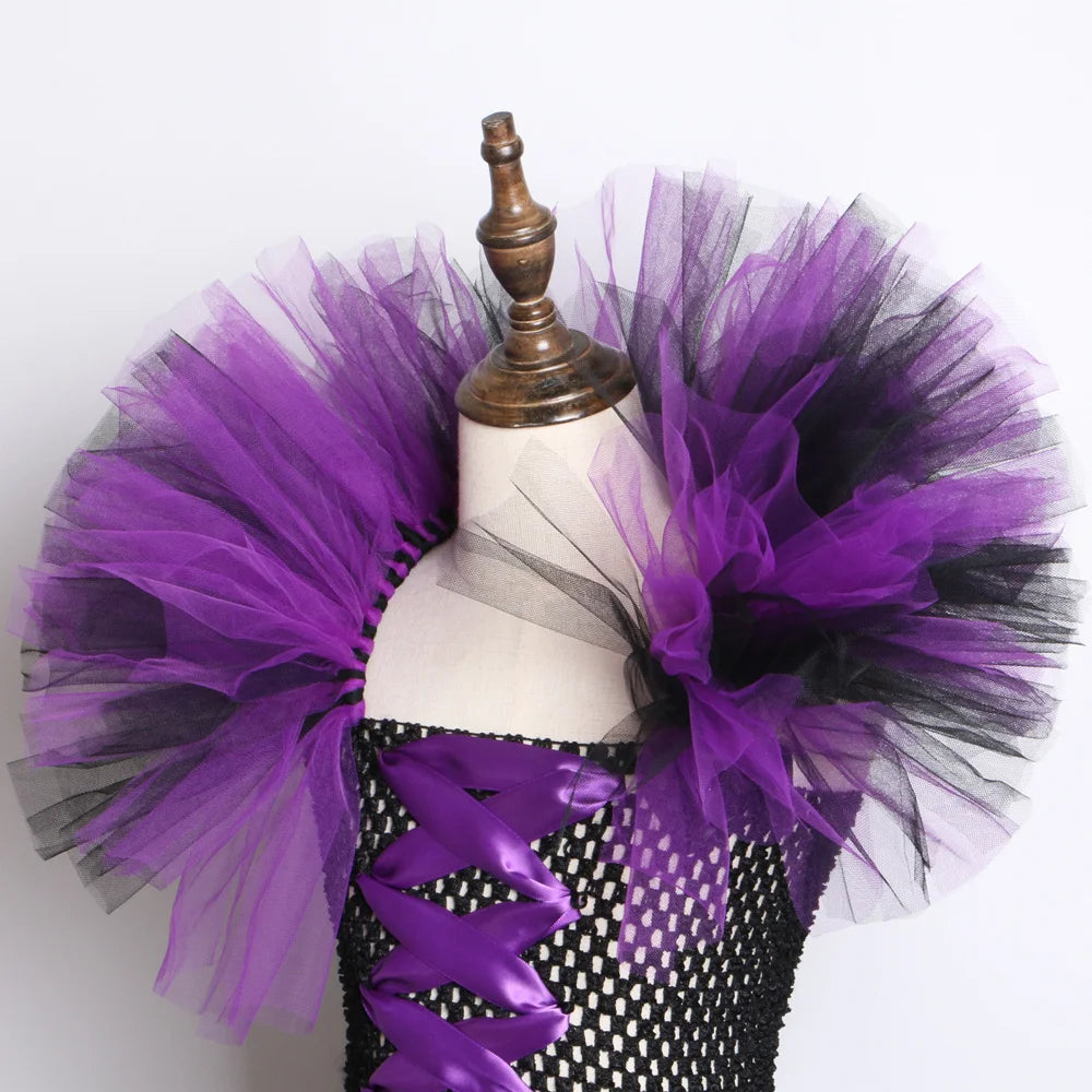 Halloween Dark Queen Costume for Kids Carnival Party Dress Up Outfit Purple Black Witch Costume for Girls Fancy Tulle Tutu Dress