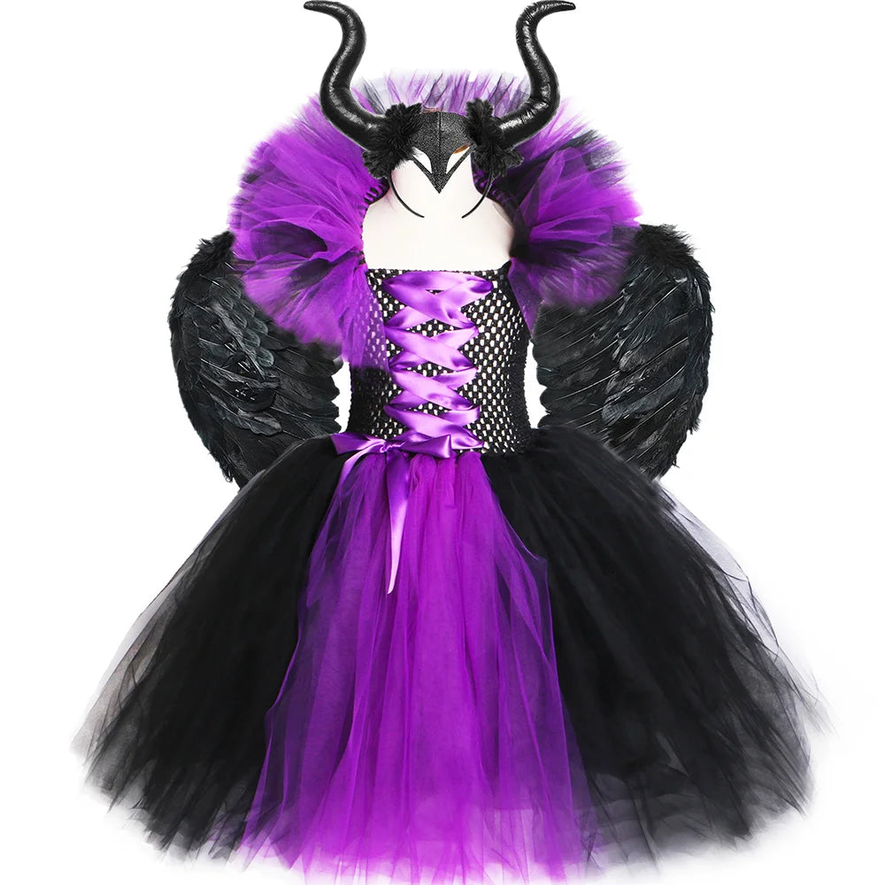 Halloween Dark Queen Costume for Kids Carnival Party Dress Up Outfit Purple Black Witch Costume for Girls Fancy Tulle Tutu Dress