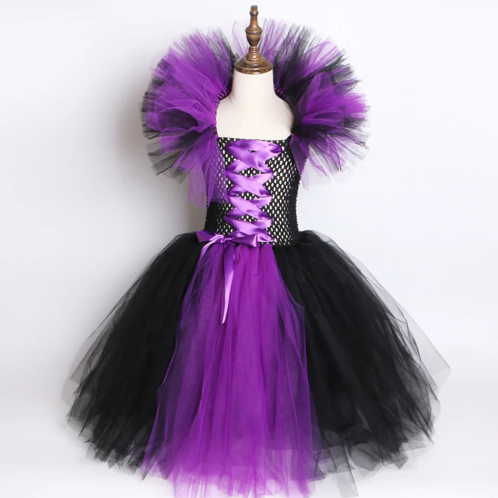 Halloween Dark Queen Costume for Kids Carnival Party Dress Up Outfit Purple Black Witch Costume for Girls Fancy Tulle Tutu Dress