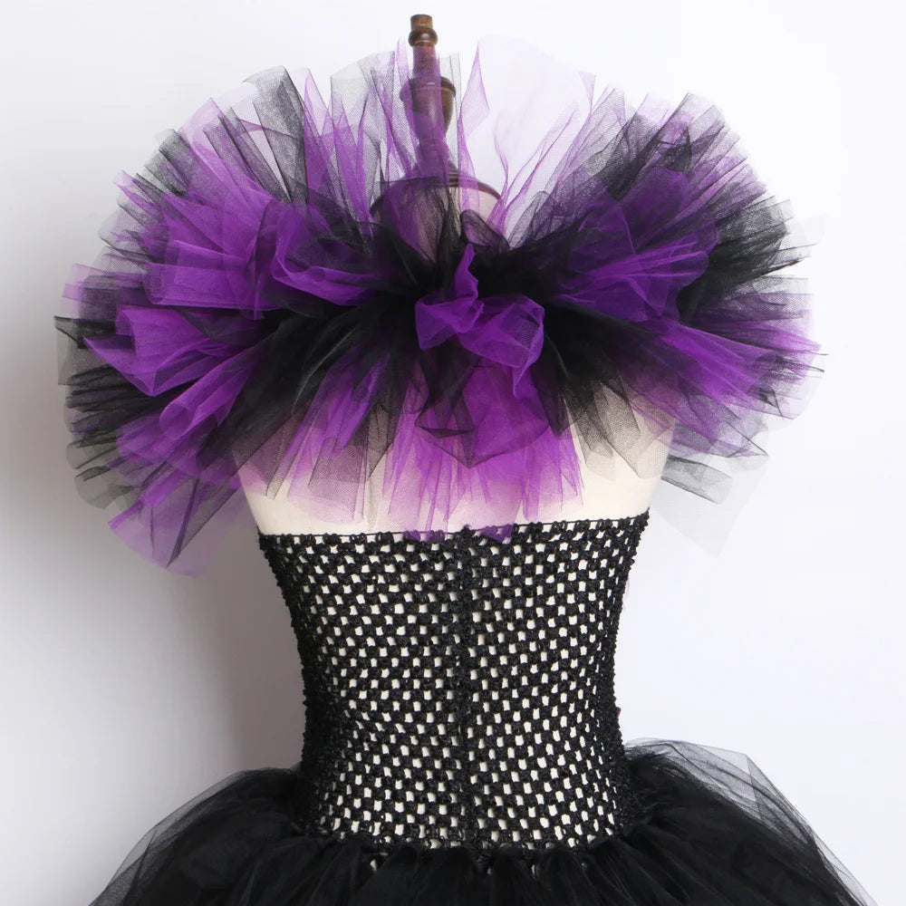 Halloween Dark Queen Costume for Kids Carnival Party Dress Up Outfit Purple Black Witch Costume for Girls Fancy Tulle Tutu Dress