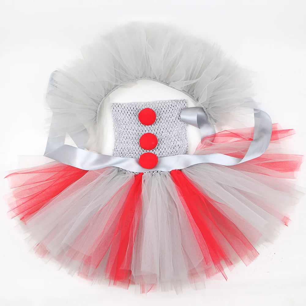 HJTT Creepy Clown Costume for Girls Halloween Tutu Dress Grey Red Scary Clown Outfit Kids Carnival Party Fancy Dress Up Clothes