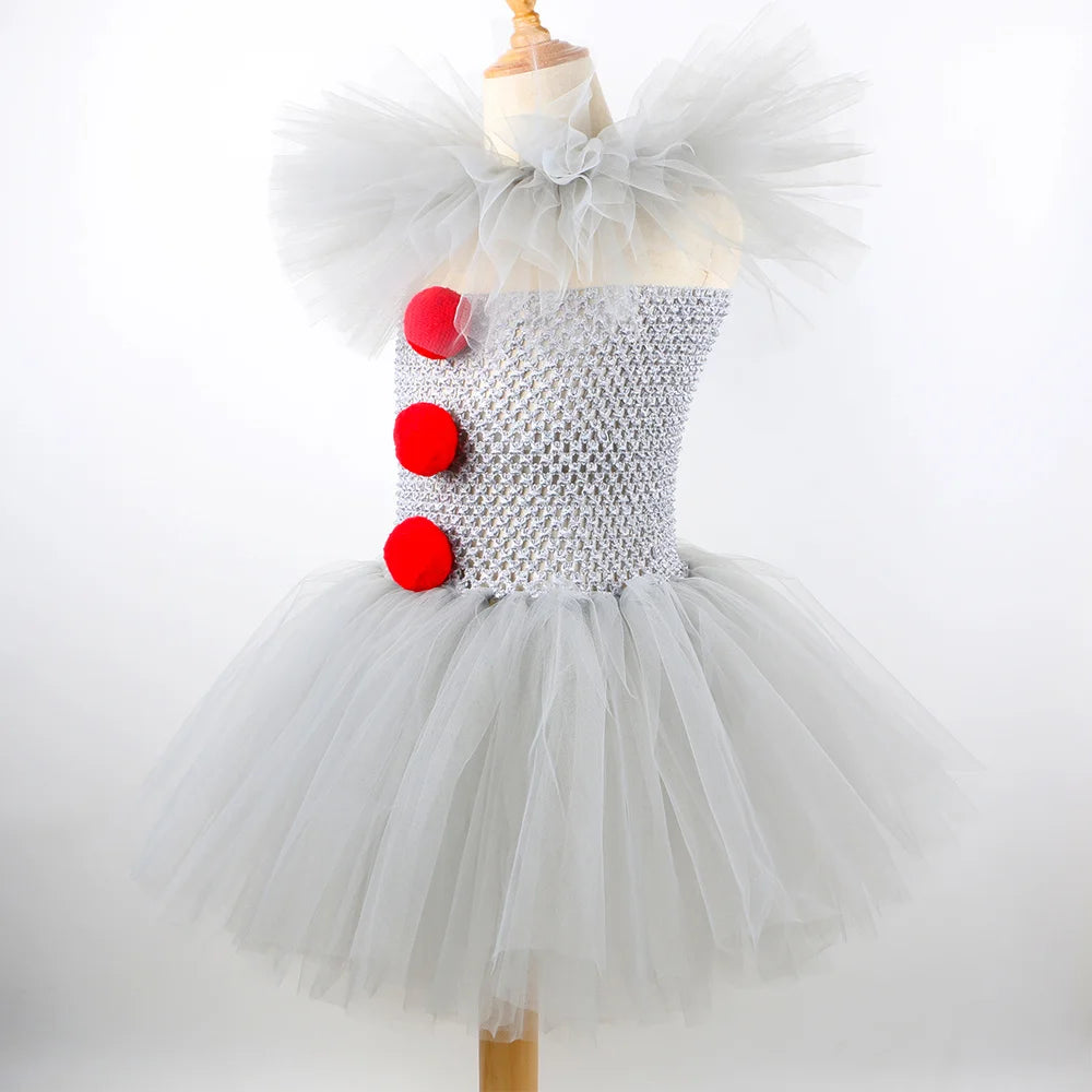 HJTT Creepy Clown Costume for Girls Halloween Tutu Dress Grey Red Scary Clown Outfit Kids Carnival Party Fancy Dress Up Clothes