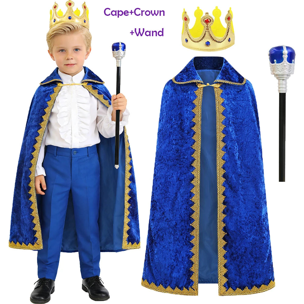 High Quality Boys King Costumes Birthday Christmas Halloween Party Children Red Blue Velvet Cloak Kids Prince Robe Crown Scepter