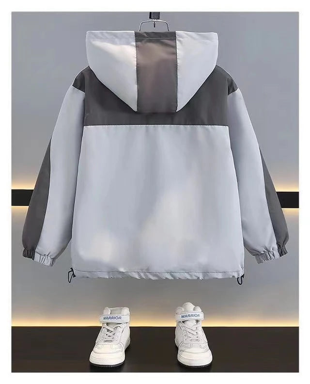 Children Clothing Color Blocking Jacket 2026 Spring Autumn Teen Boys Fashion Zipper Hooded Windbreaker Coat Kids Outewear Tops