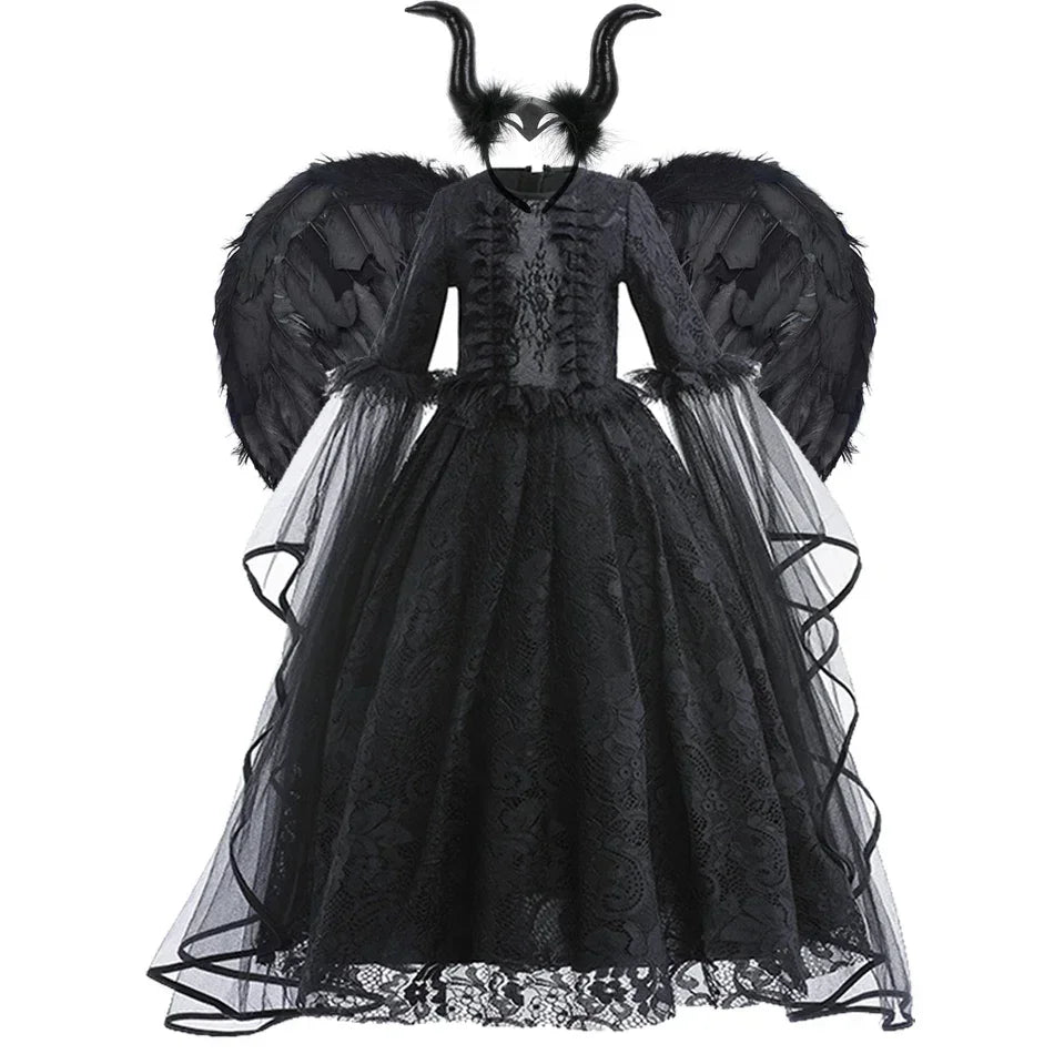 Maleficent Costume Girl Girls Halloween Costume Cosplay Evil Queen Black Mesh Children Carnival Party Wand Demonic Witch Dress