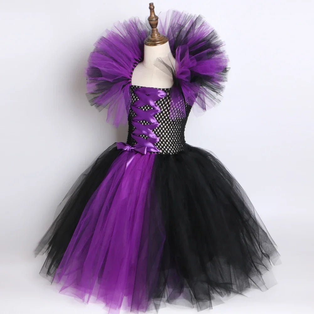 Halloween Dark Queen Costume for Kids Carnival Party Dress Up Outfit Purple Black Witch Costume for Girls Fancy Tulle Tutu Dress