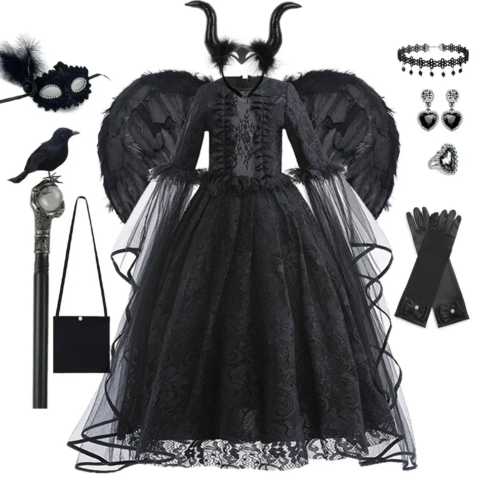 Maleficent Costume Girl Girls Halloween Costume Cosplay Evil Queen Black Mesh Children Carnival Party Wand Demonic Witch Dress
