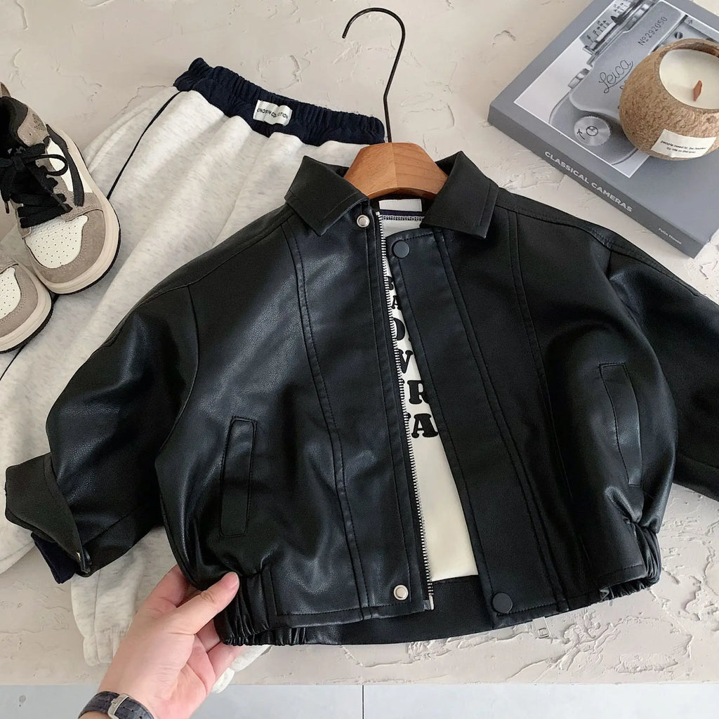 Children Leather Jacket 2026 Autumn and Winter New Product Cool Splicing Jacket Thick Top Fashionable Daily Versatile