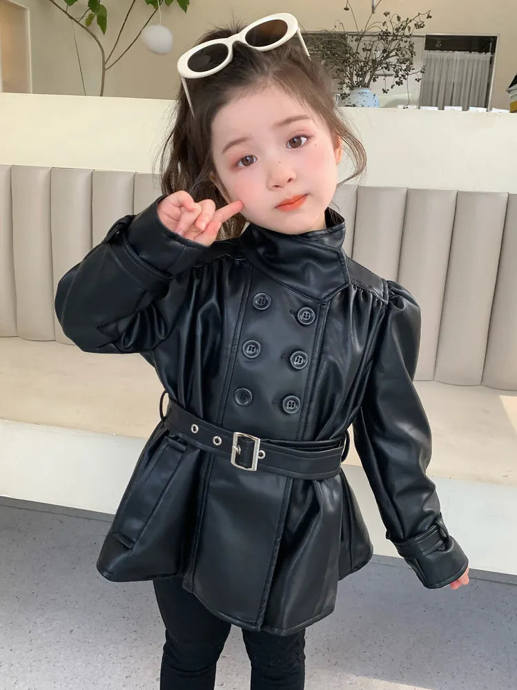 Children Leather Jacket Autumn and Winter 2026 New Fashion Waist Cinched Jacket for Girls Korean Stand Up Collar Jacket Top