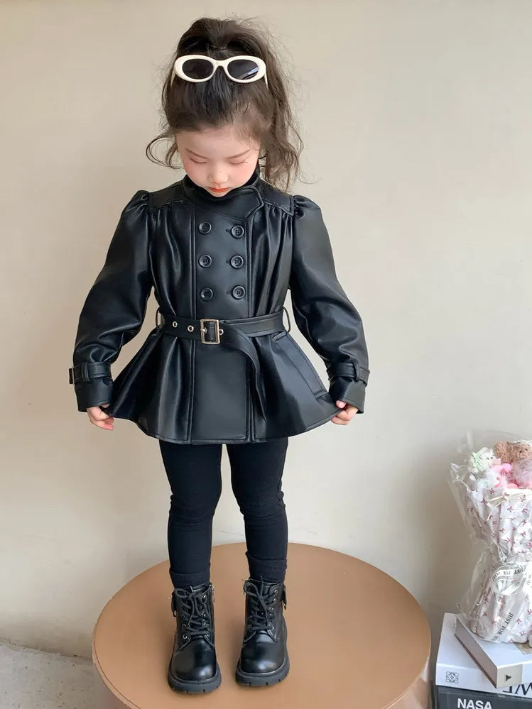 Children Leather Jacket Autumn and Winter 2026 New Fashion Waist Cinched Jacket for Girls Korean Stand Up Collar Jacket Top