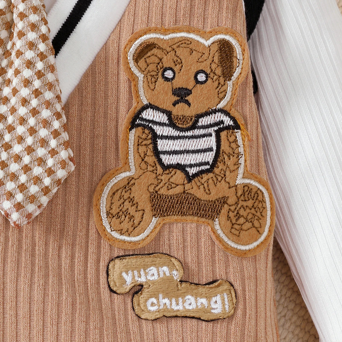 Baby Boy Small Gentleman Jumpsuit Cartoon Teddy Bear Long Sleeves Jumpsuit for 0-18 Month Baby Boys' Birthday Party Costumes