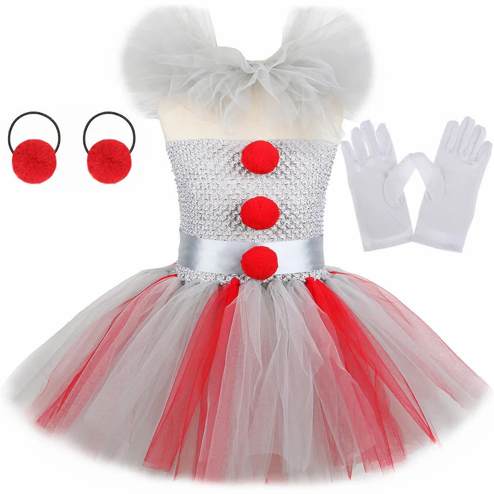 HJTT Creepy Clown Costume for Girls Halloween Tutu Dress Grey Red Scary Clown Outfit Kids Carnival Party Fancy Dress Up Clothes