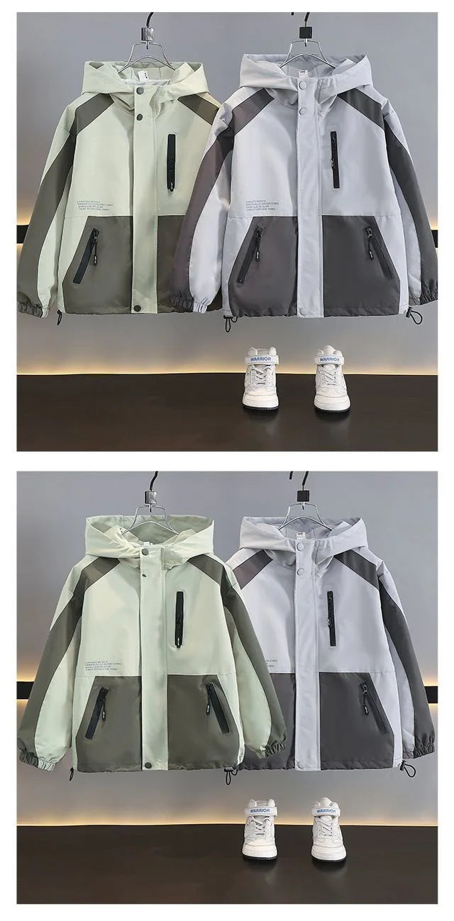 Children Clothing Color Blocking Jacket 2026 Spring Autumn Teen Boys Fashion Zipper Hooded Windbreaker Coat Kids Outewear Tops
