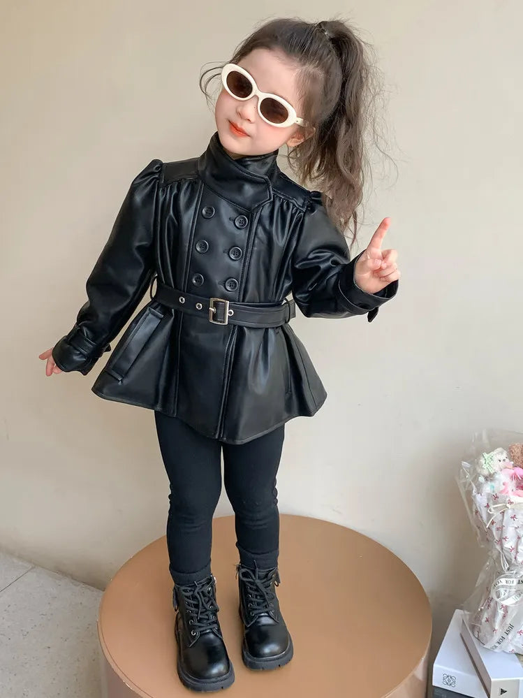 Children Leather Jacket Autumn and Winter 2026 New Fashion Waist Cinched Jacket for Girls Korean Stand Up Collar Jacket Top