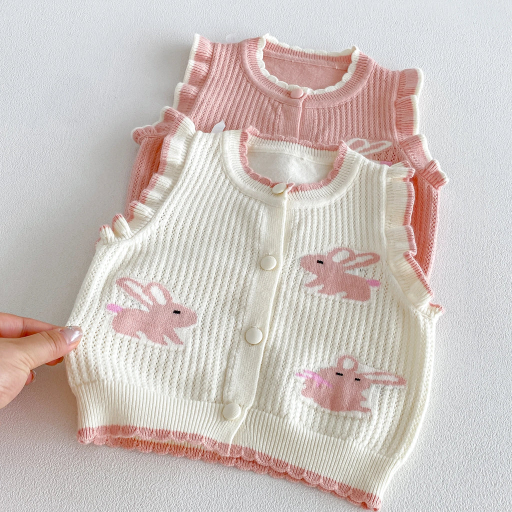 Girls' Vest, Knit Cardigan Top for baby, cartoon Round-Neck Backless Vest, Stylish and Cute Rabbit Vest