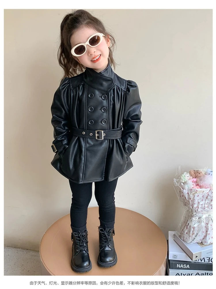 Children Leather Jacket Autumn and Winter 2026 New Fashion Waist Cinched Jacket for Girls Korean Stand Up Collar Jacket Top