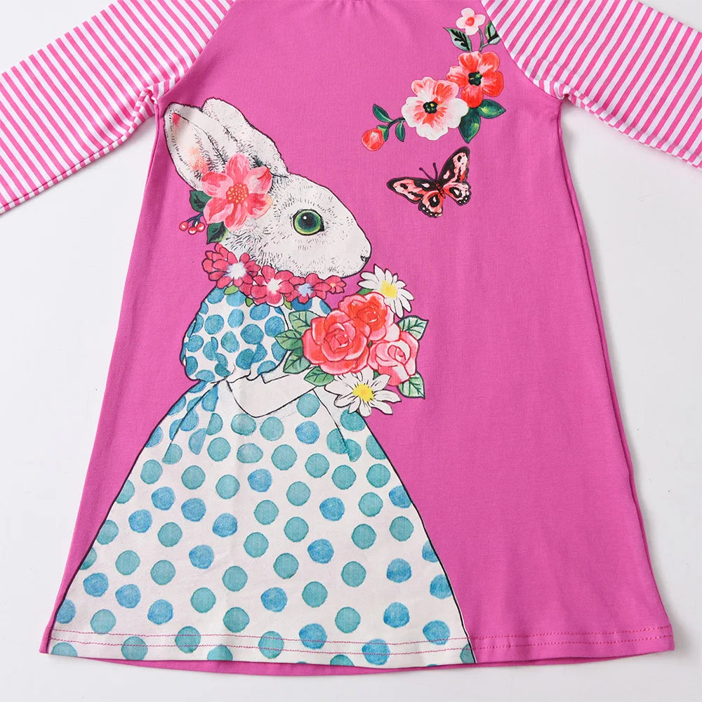 VIKITA Girls Pink Bunny Rabbit Cartoon Print Straight Dress Toddlers Cotton Casual Daily Long Sleeve Autumn Spring Outfits Frock