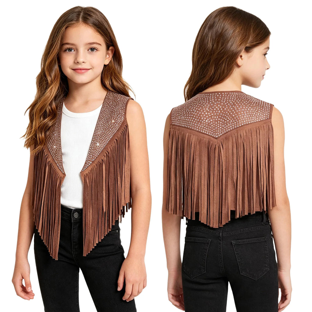 Girls Western Cowgirl Vest Tassels Shiny Rhinestones Open Front Waistcoat Tops Halloween Carnival Theme Party Cowboy Costume