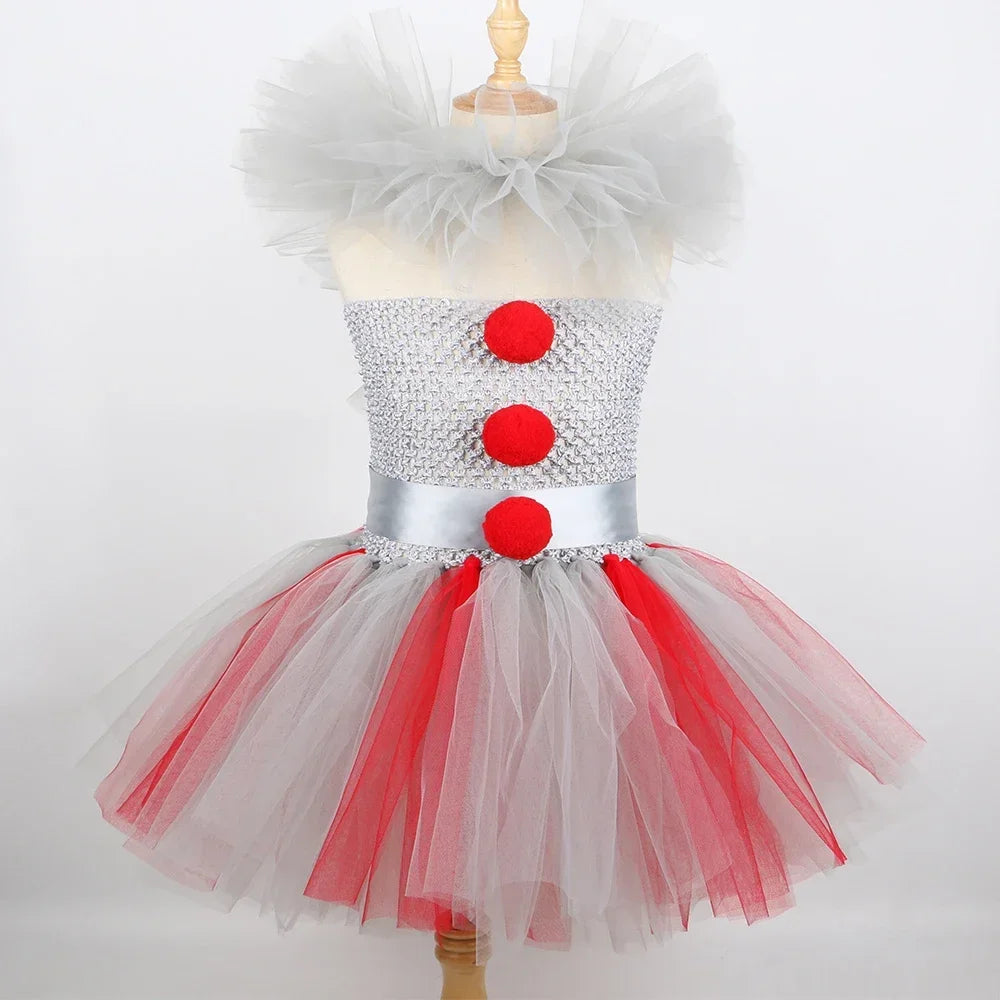 HJTT Creepy Clown Costume for Girls Halloween Tutu Dress Grey Red Scary Clown Outfit Kids Carnival Party Fancy Dress Up Clothes