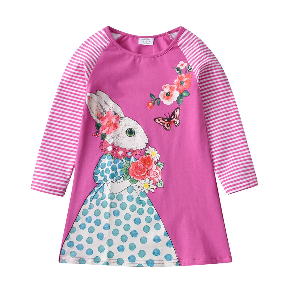 VIKITA Girls Pink Bunny Rabbit Cartoon Print Straight Dress Toddlers Cotton Casual Daily Long Sleeve Autumn Spring Outfits Frock