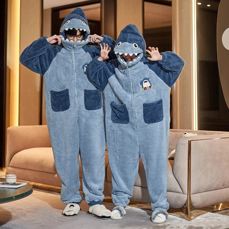 Kigurumi Cat Dinosaur Shark Women Men Pajamas Onesie Couples Jumpsuit Winter Thicken Hooded Pyjamas Halloween Christmas Homewear