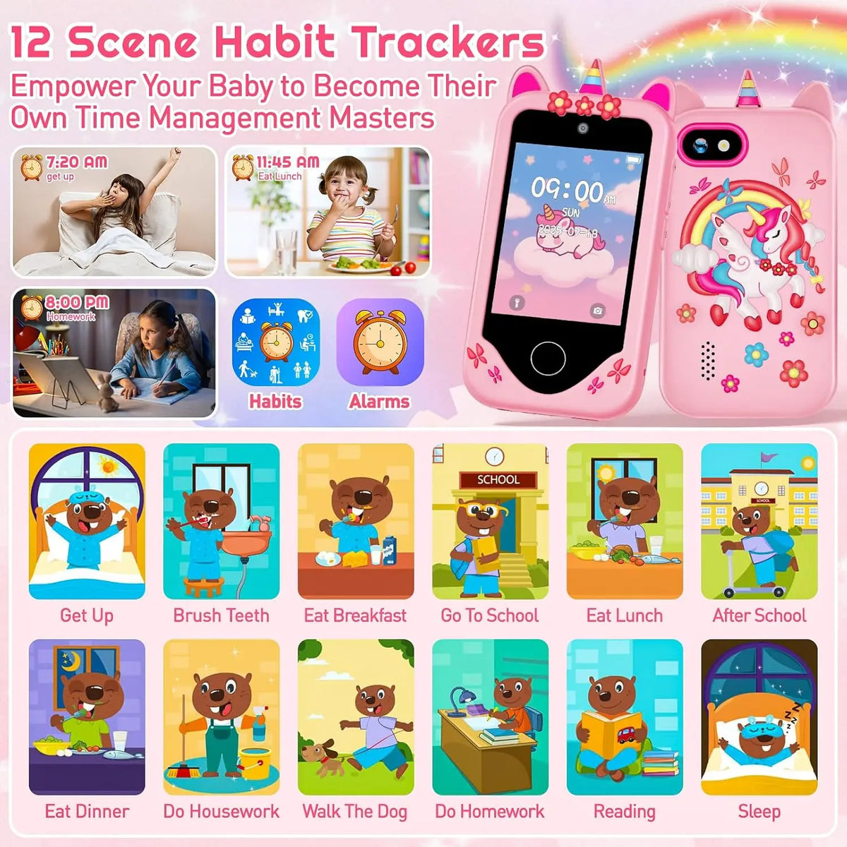 Children Smart Phone Toy 2.8 Inch With Camera 40+ Puzzle & ABC Learning Games Kids Habit Tracker Birthday Xmas Gift Boys Girls