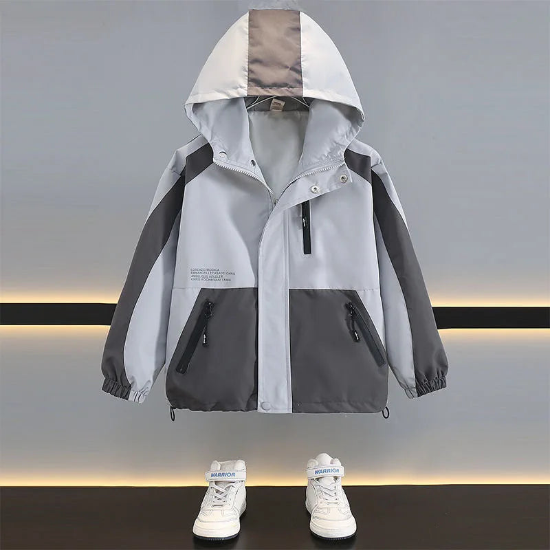 Children Clothing Color Blocking Jacket 2026 Spring Autumn Teen Boys Fashion Zipper Hooded Windbreaker Coat Kids Outewear Tops