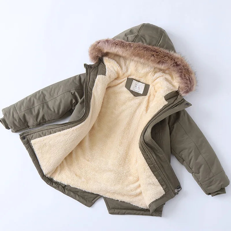 2025 Autumn Winter Children Boy Jacket Outerwear Coat Hooded Plus Velvet Thicken Warm Jacket For Girl 4-14 Year Kids Girl Parka