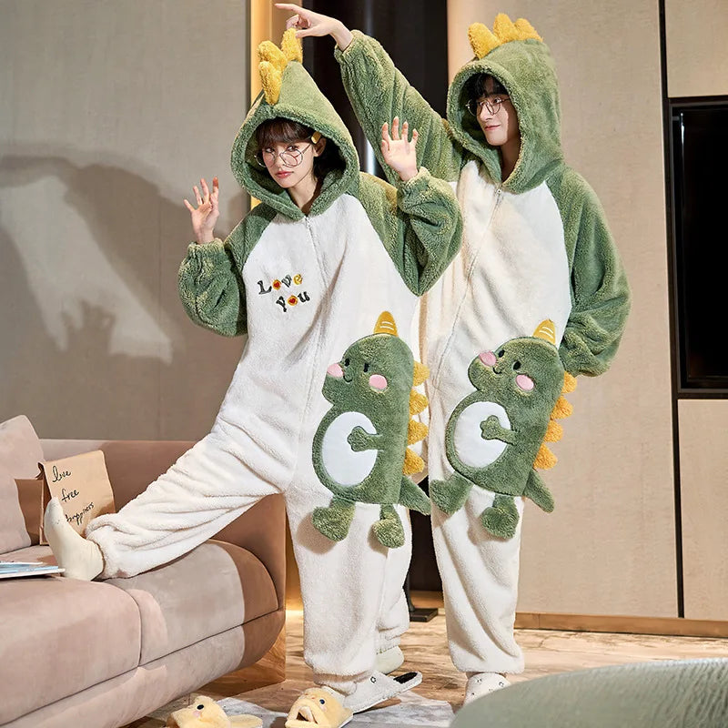 Kigurumi Cat Dinosaur Shark Women Men Pajamas Onesie Couples Jumpsuit Winter Thicken Hooded Pyjamas Halloween Christmas Homewear