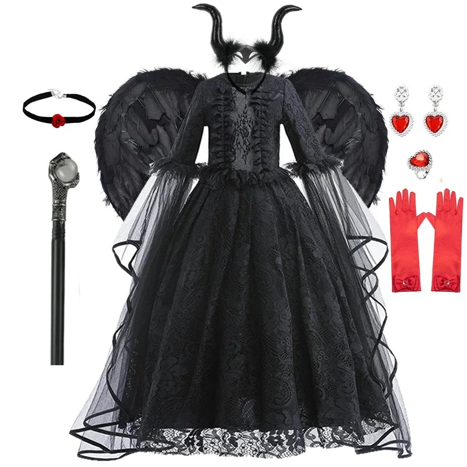 Maleficent Costume Girl Girls Halloween Costume Cosplay Evil Queen Black Mesh Children Carnival Party Wand Demonic Witch Dress