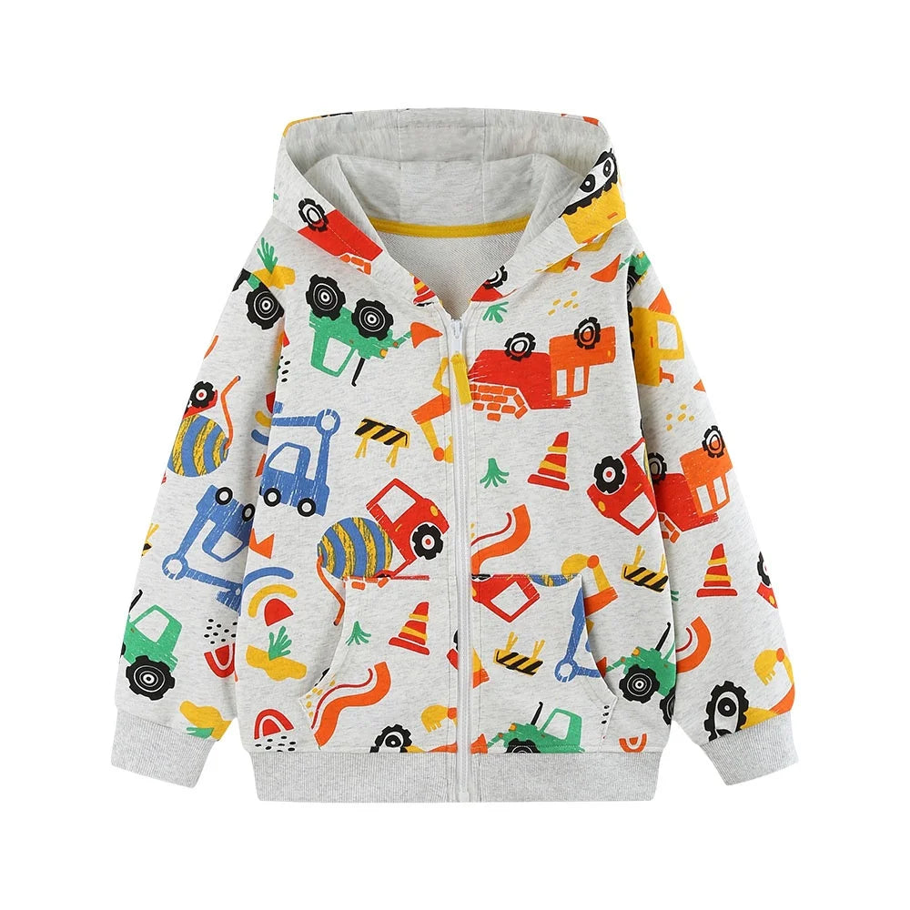 Children's Hooded Jacket New Cars Printed Long Sleeve Zipper Winter Autumn Outwear for Boys Girls 2-7T Spring Coats