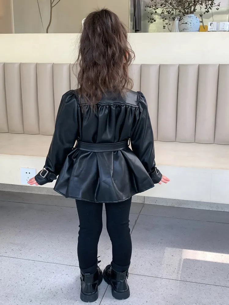Children Leather Jacket Autumn and Winter 2026 New Fashion Waist Cinched Jacket for Girls Korean Stand Up Collar Jacket Top