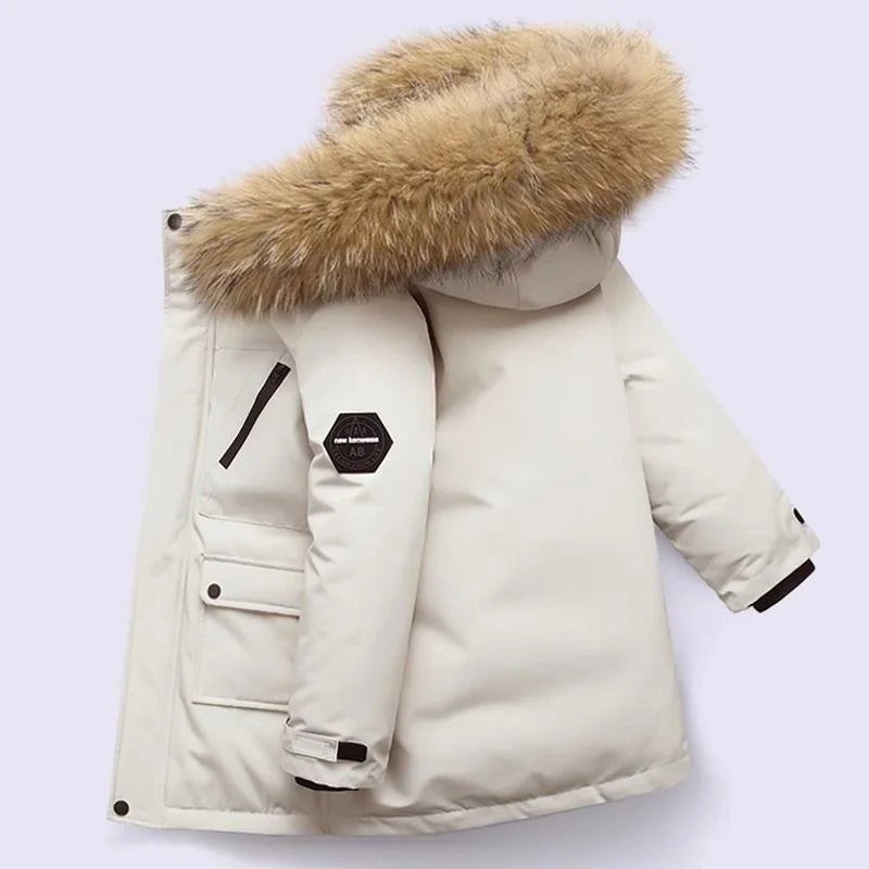 Boys Thickened Down Jackets Children Winter Large Fur Collar Cotton Coat New Kids Warm Hooded Outerwear Teenager Padded Clothing