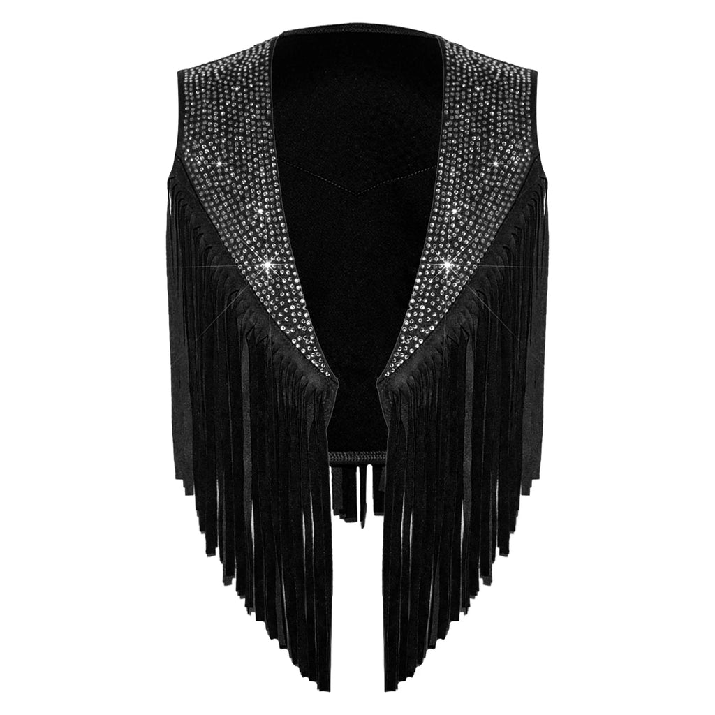 Girls Western Cowgirl Vest Tassels Shiny Rhinestones Open Front Waistcoat Tops Halloween Carnival Theme Party Cowboy Costume