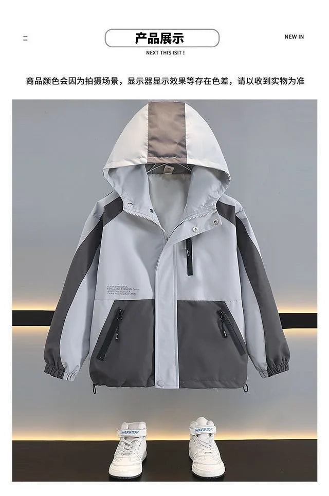 Children Clothing Color Blocking Jacket 2026 Spring Autumn Teen Boys Fashion Zipper Hooded Windbreaker Coat Kids Outewear Tops