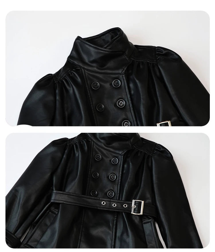 Children Leather Jacket Autumn and Winter 2026 New Fashion Waist Cinched Jacket for Girls Korean Stand Up Collar Jacket Top