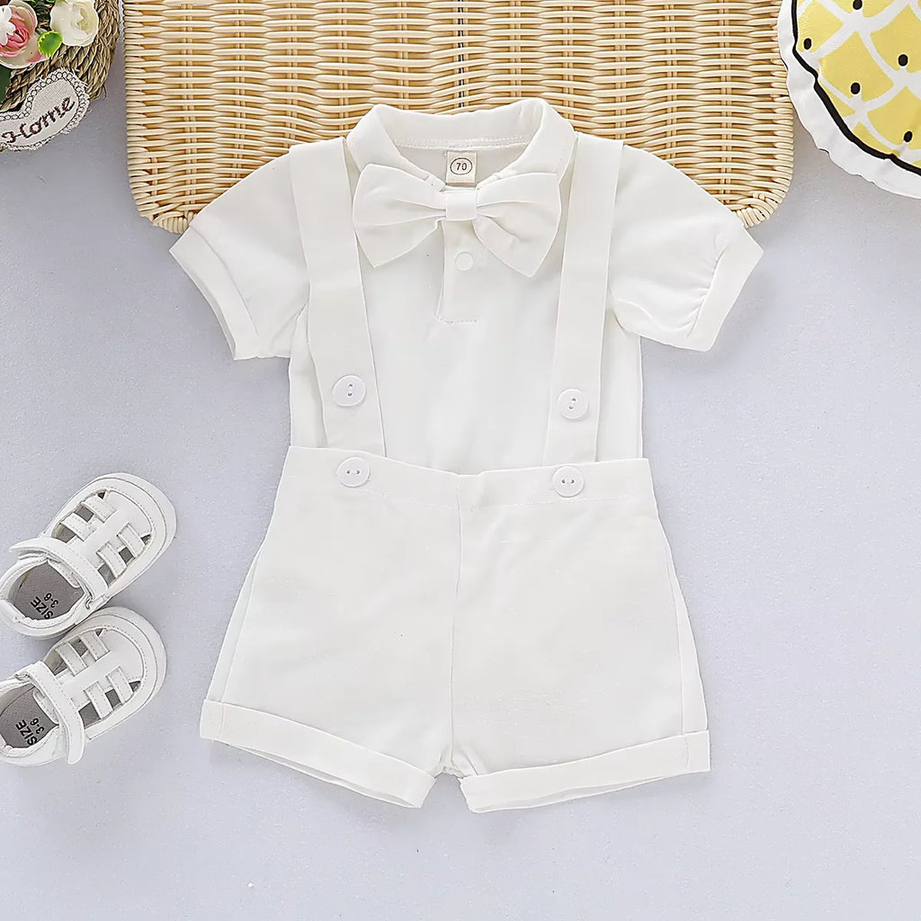 Mini Gentleman Outfit Newborn Baby Boy Formal Costumes Short Sleeve Shirt With Bow + Romper Short Pants Summer Fashion 2 Pcs Set