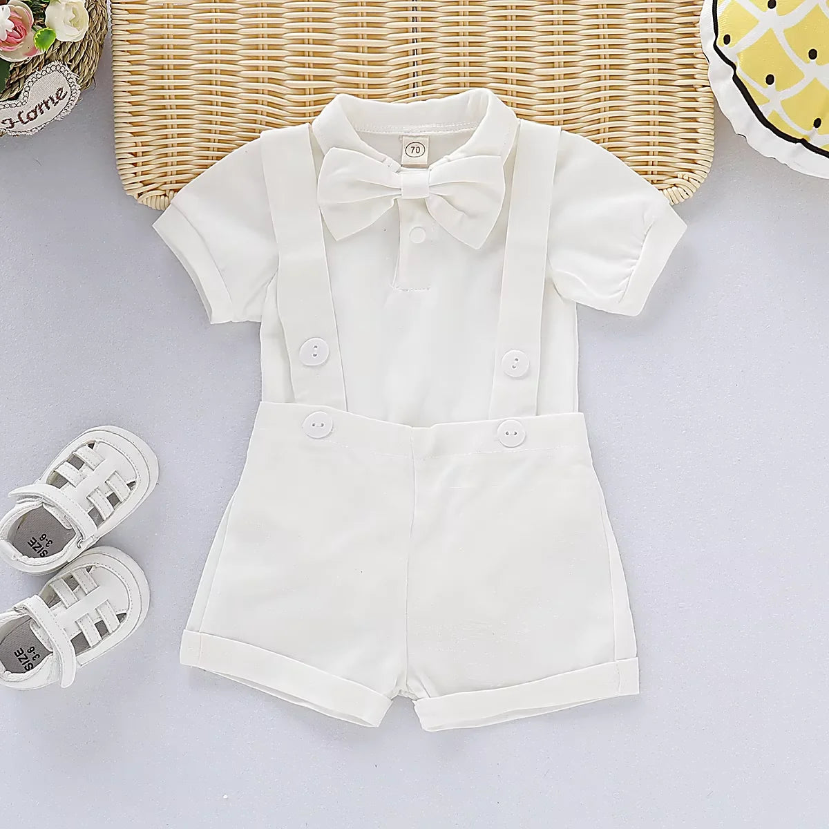 Mini Gentleman Outfit Newborn Baby Boy Formal Costumes Short Sleeve Shirt With Bow + Romper Short Pants Summer Fashion 2 Pcs Set