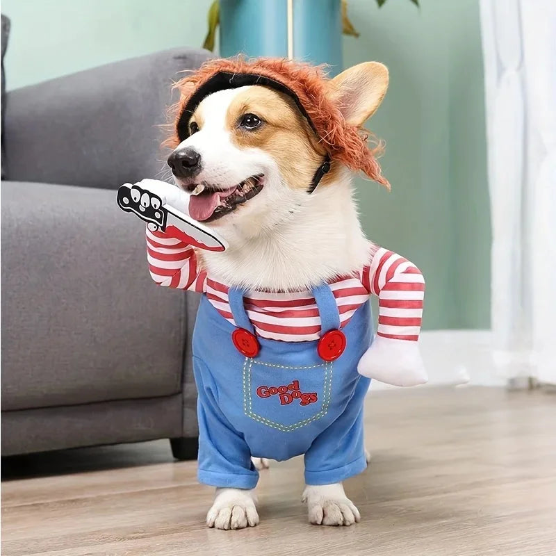 Funny Dog Halloween Costume Horror Doll Style Pet Cosplay Clothes with Wig Plush Arms Party Outfit for Dogs