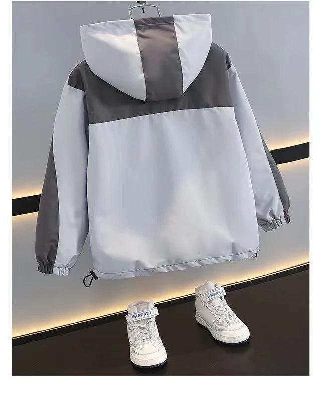 Children Clothing Color Blocking Jacket 2026 Spring Autumn Teen Boys Fashion Zipper Hooded Windbreaker Coat Kids Outewear Tops