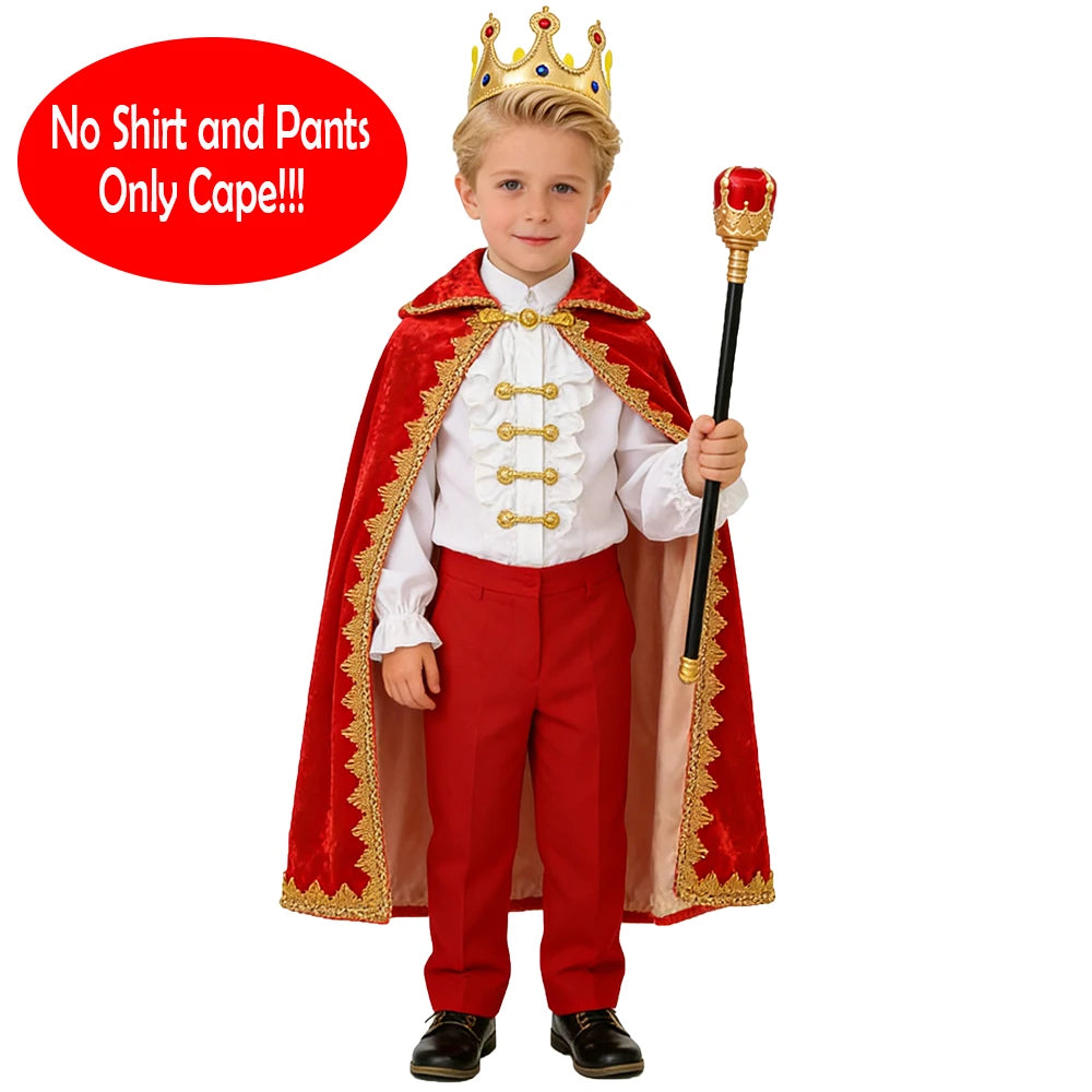High Quality Boys King Costumes Birthday Christmas Halloween Party Children Red Blue Velvet Cloak Kids Prince Robe Crown Scepter