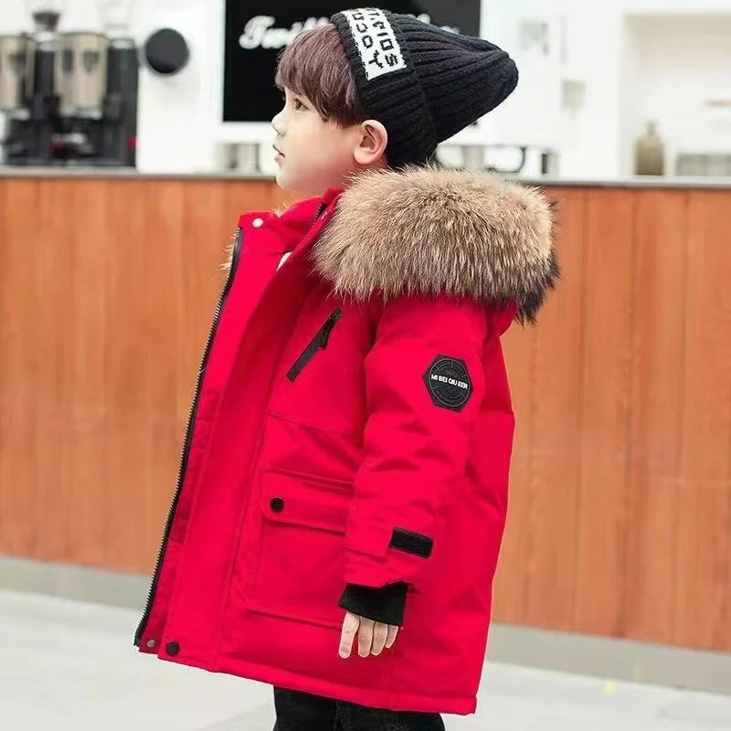 Boys Thickened Down Jackets Children Winter Large Fur Collar Cotton Coat New Kids Warm Hooded Outerwear Teenager Padded Clothing